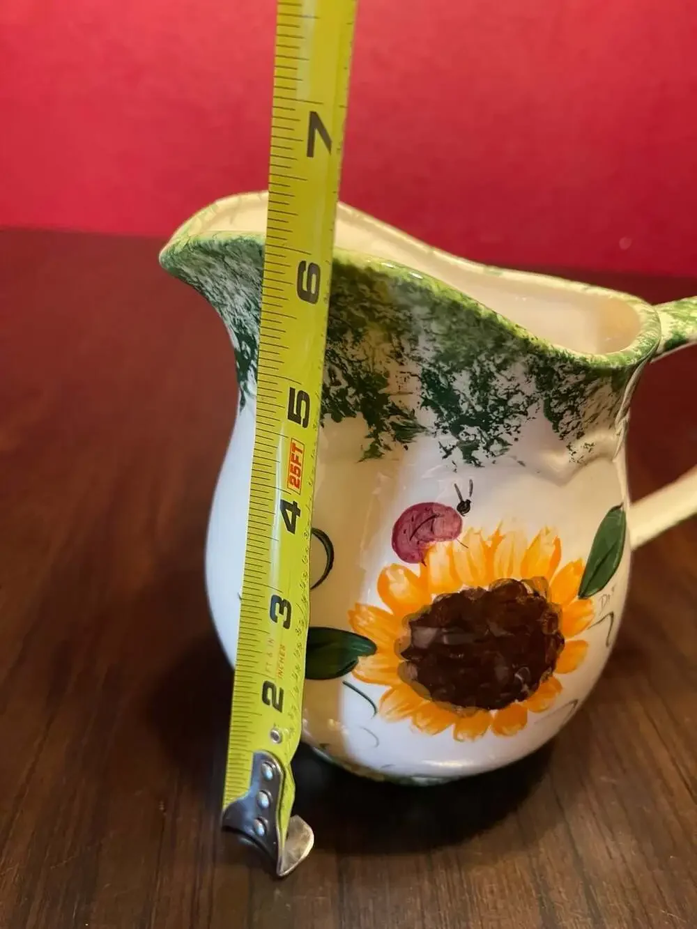 Hand-Painted Ceramic Sunflower and Ladybug Pitcher Signed Dot
